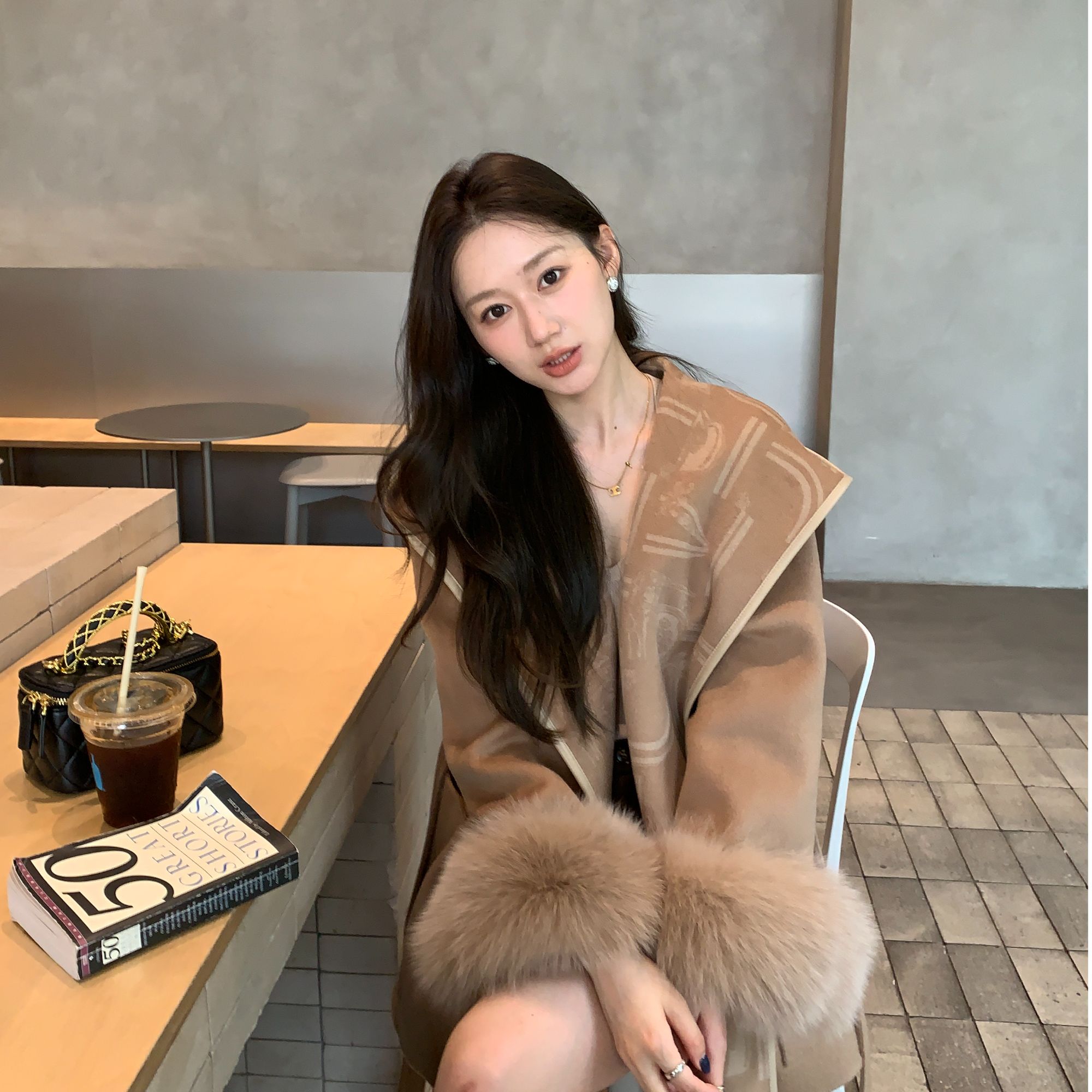 印花慵懒风秋冬双面毛呢外套设计师加厚中长款大衣女连帽