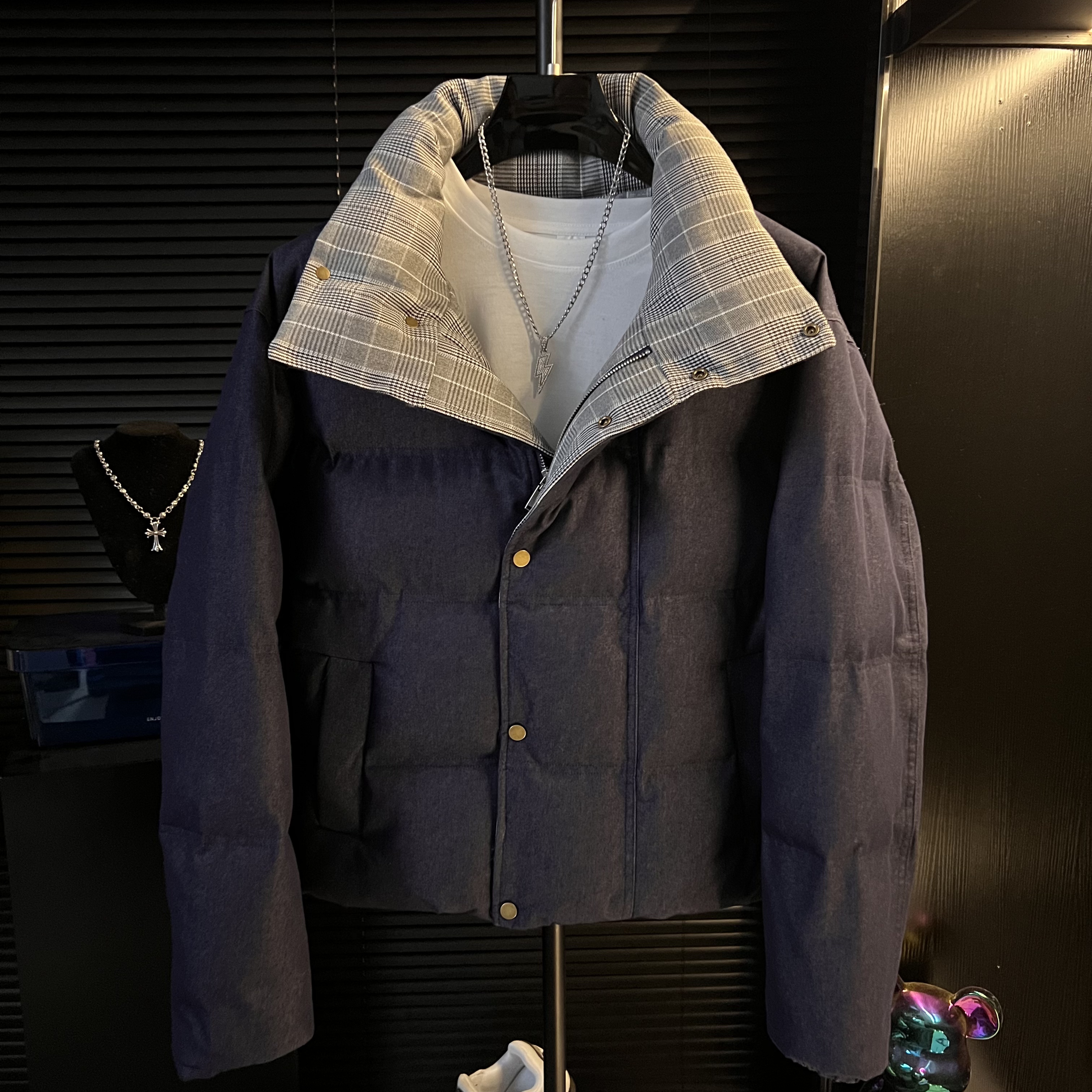 DB-冬季新品男装设计感痞帅拼格子立领夹克棉服外套男生百搭潮