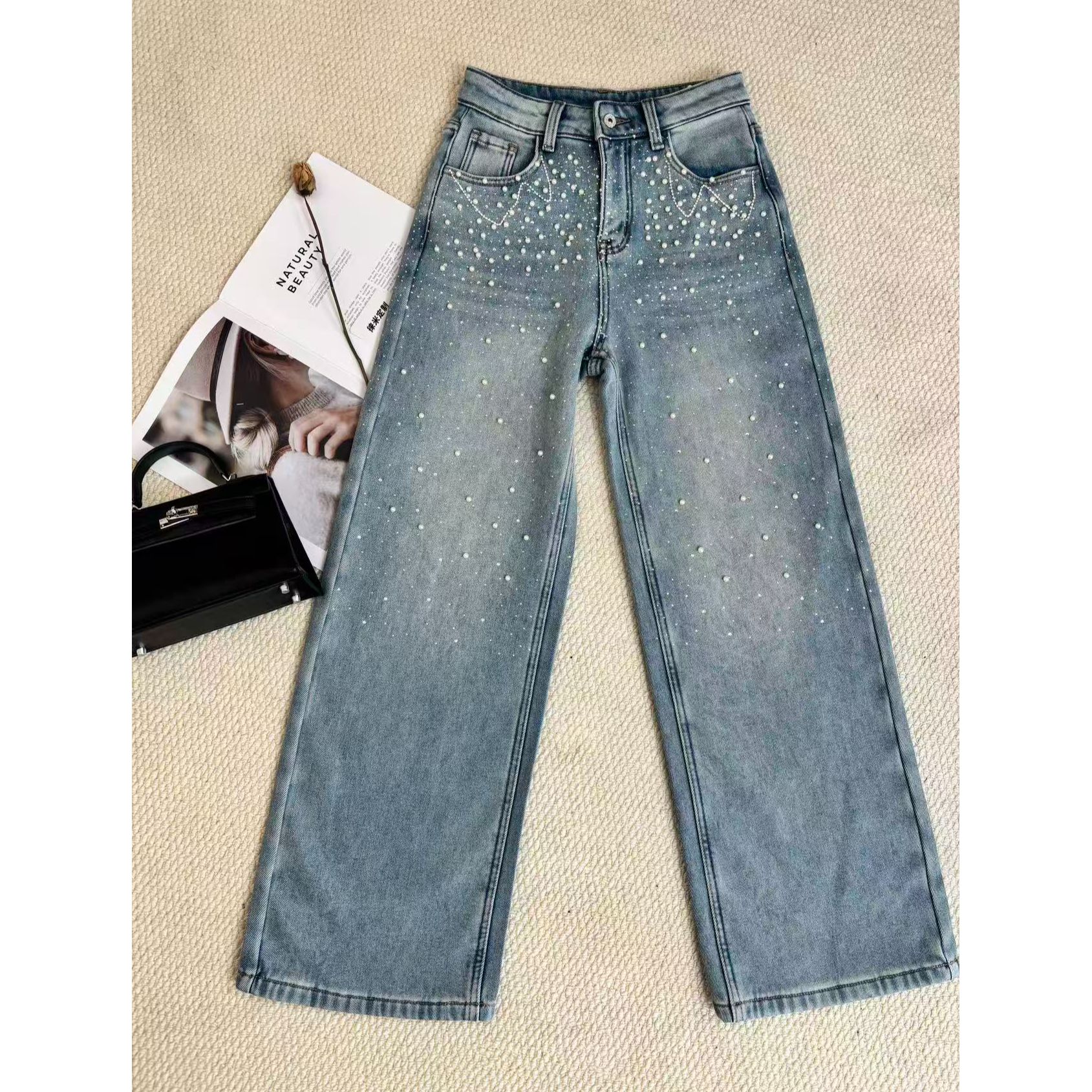 Laimi珍珠烫钻满天星直筒牛仔裤加绒加厚时尚百搭