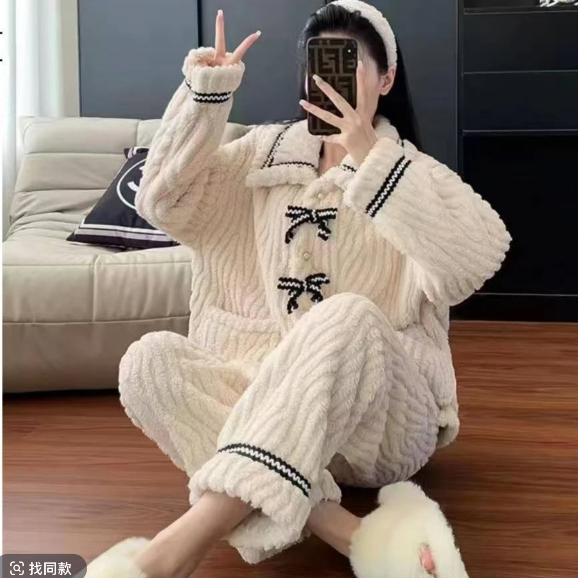 蝴蝶结睡衣北极绒家居服珊瑚绒睡衣女秋冬季加厚可爱套装加绒女士
