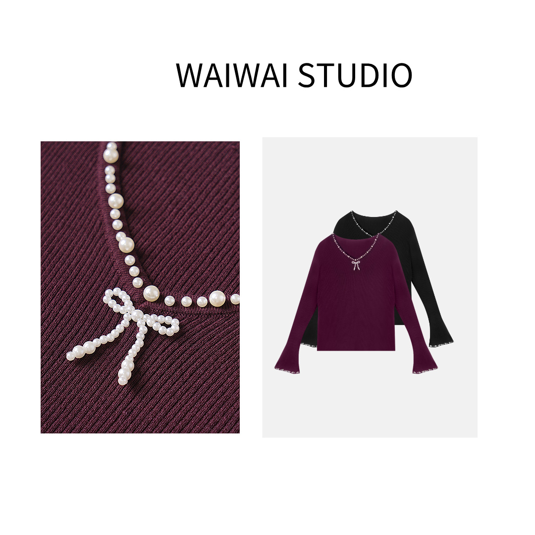 【漫序】显瘦气质蝴蝶结法式珍珠装饰V领针织衫 SQ53Z091