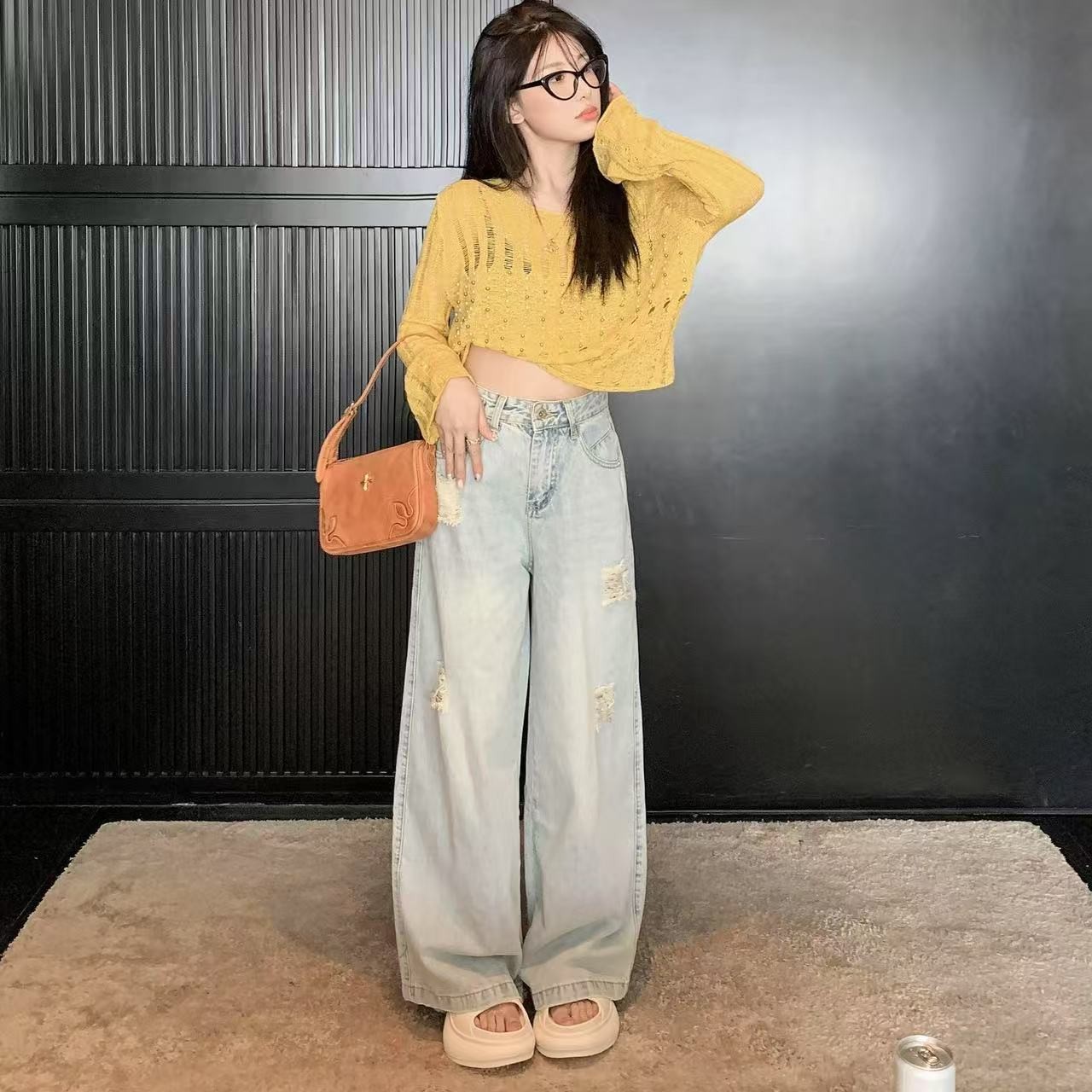 【Z】502/931097/149-9   复古破洞牛仔裤高腰宽松慵懒休闲直筒裤