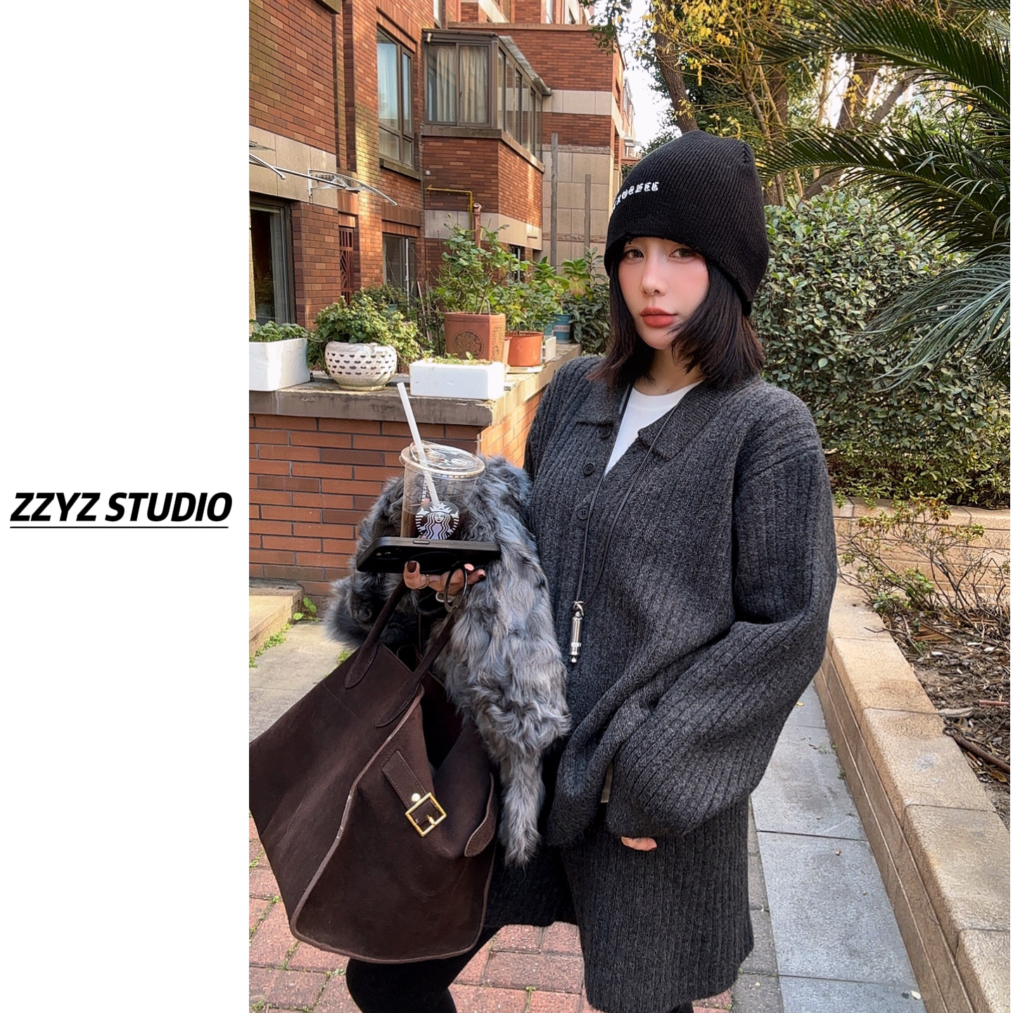 【ZZYZ】“浪漫雪花”韩式坑条Polo领休闲毛衣+中裤两件套套装