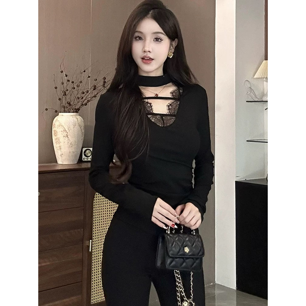 秋冬新款纯欲风性感蕾丝拼接V领长袖挂脖修身防风辣妹打底衫女