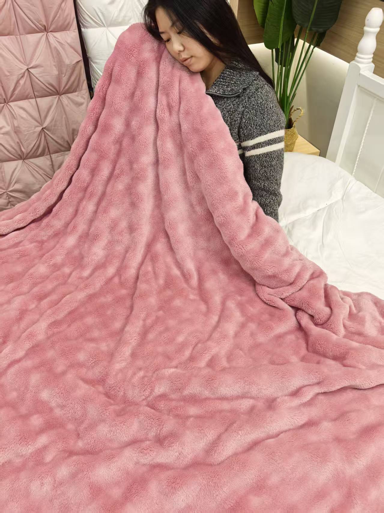 粉色塔芙蓉加绒加厚加大秋冬素色大花毛毯