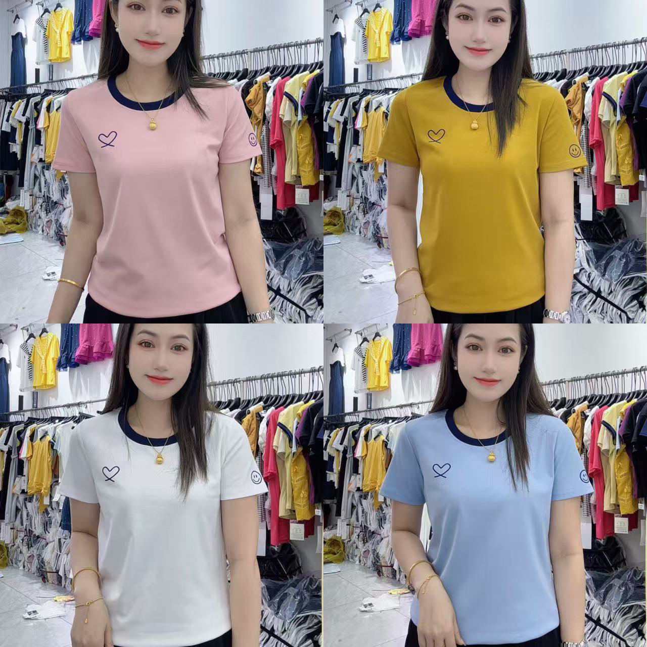 843 新款百搭圆领爱心图案百搭T恤拼接潮流印花短袖