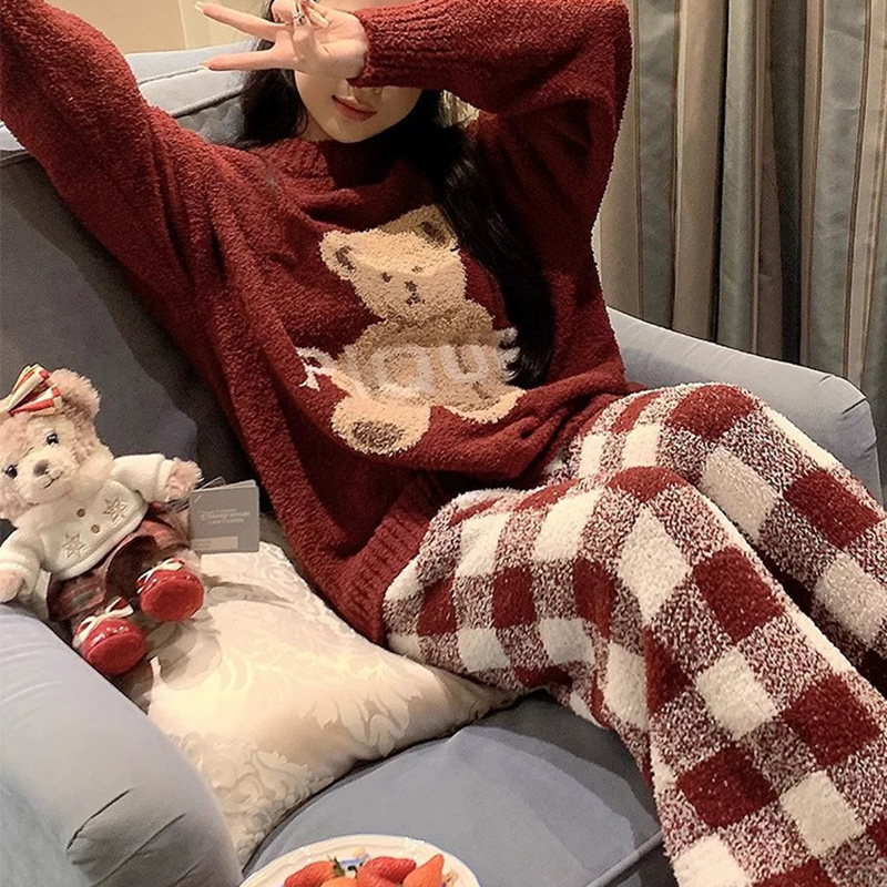 半边绒睡衣女款冬季加厚加绒珊瑚绒红色本命年跨年套装家居服