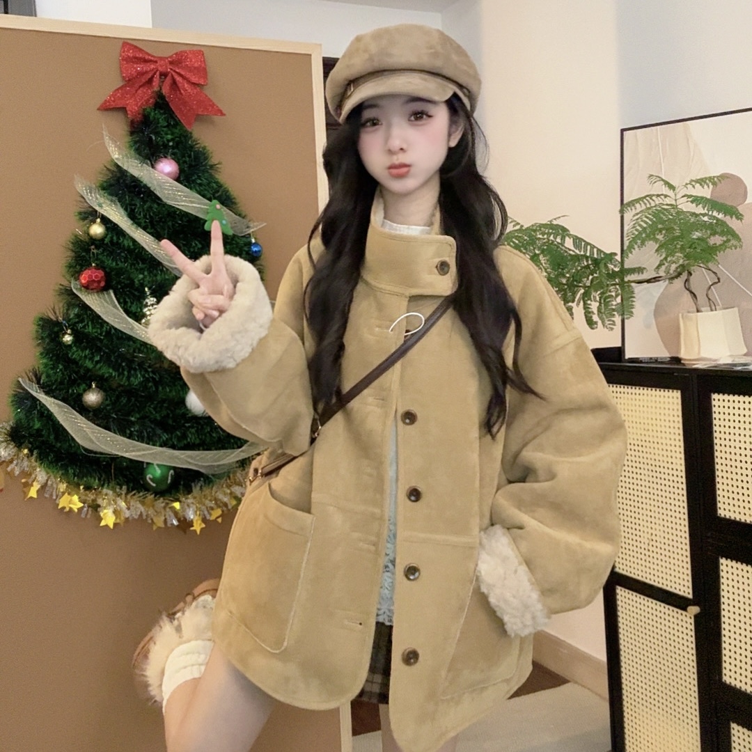 时尚设计感两面穿立领撞色宽松加厚机车外套