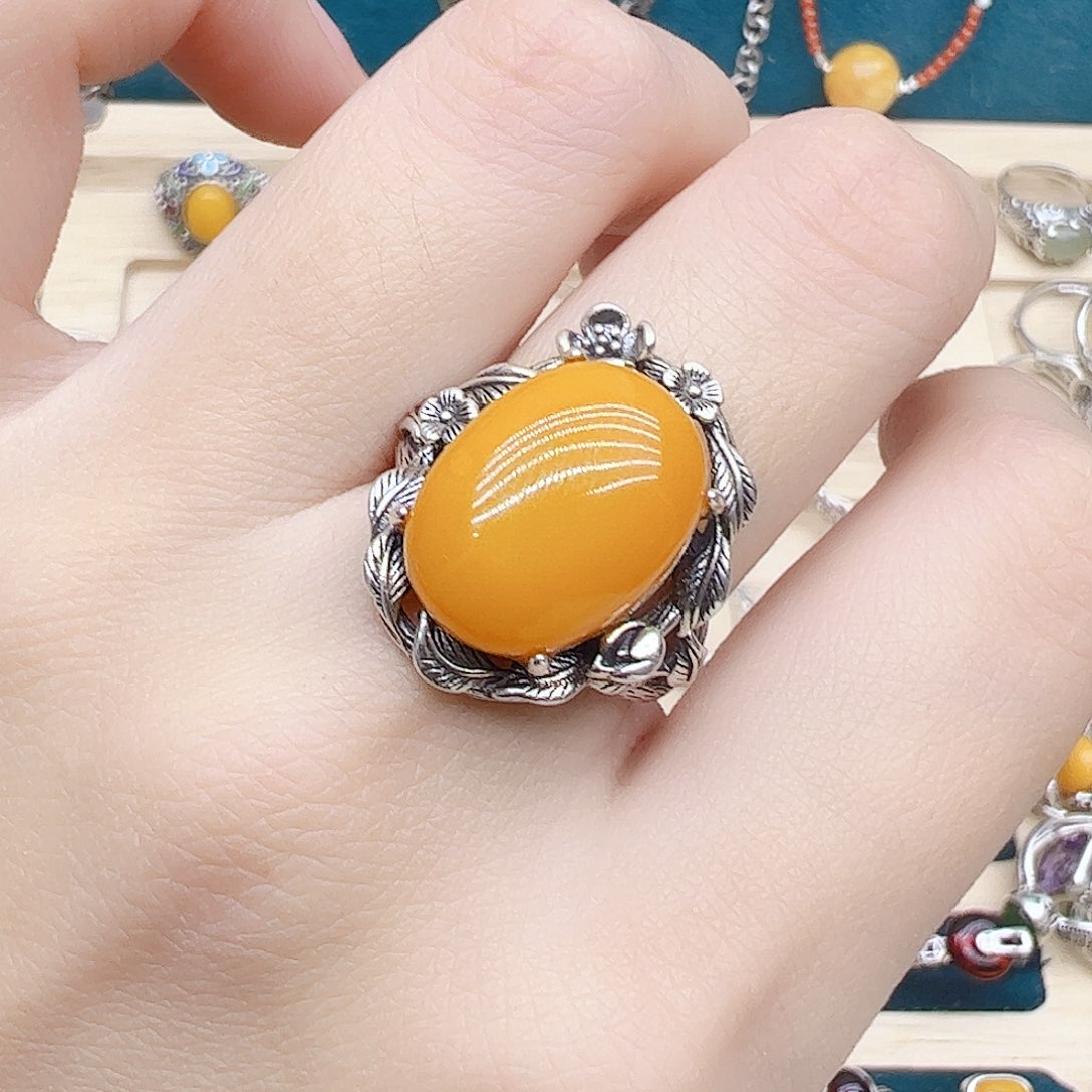 蜜蜡戒指银S925镶嵌天然