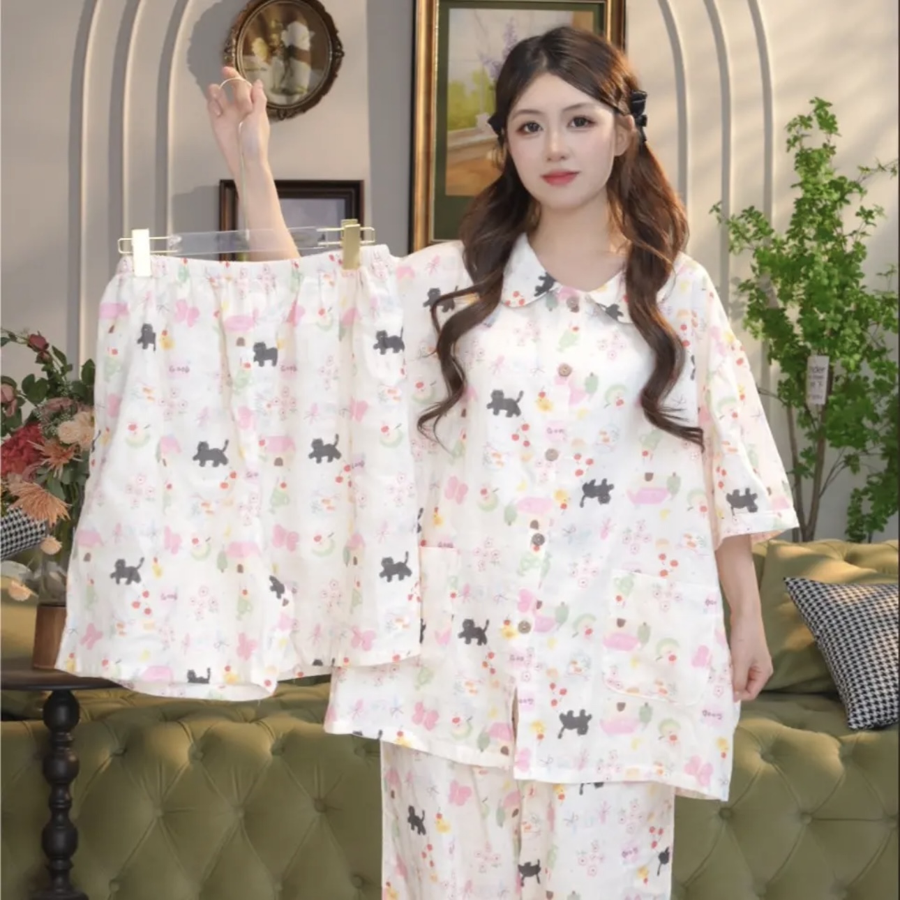 夏季纯棉睡衣女士春夏胖mm薄款短袖孕妈妈宽松休闲系带家居服套装