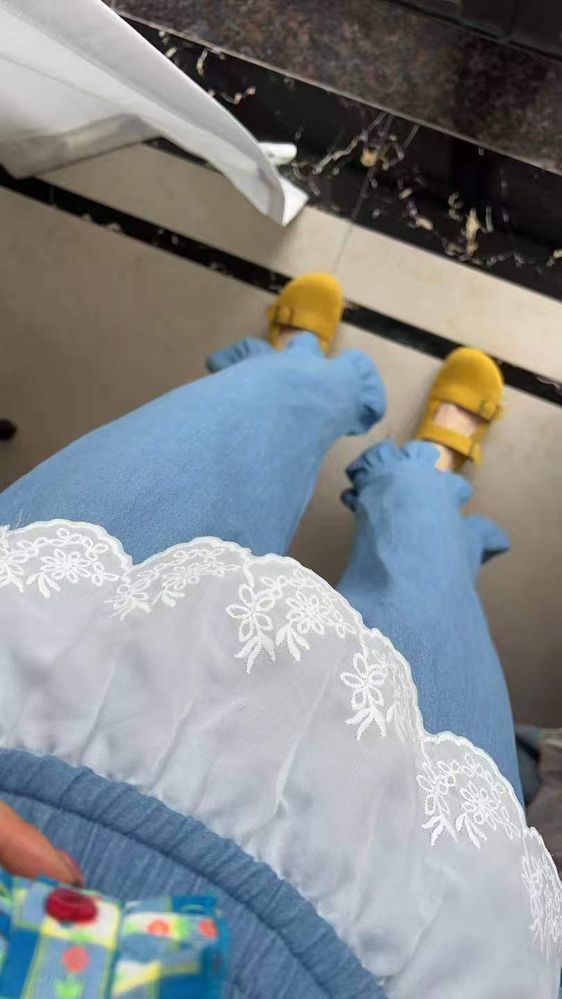 大唤家女装春夏新款牛仔微喇腰帘九分裤蓝色时尚女士