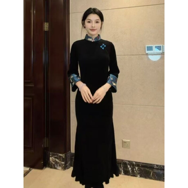 球球夫人丨蓝颜）120cm冬季加绒黑色单层长袖复古显白显瘦旗袍秋冬