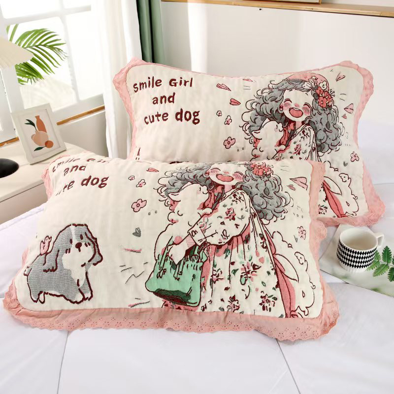 (公主)F花边纱布泡芙枕巾1对装透气可爱柔软加厚吸汗加大棉枕