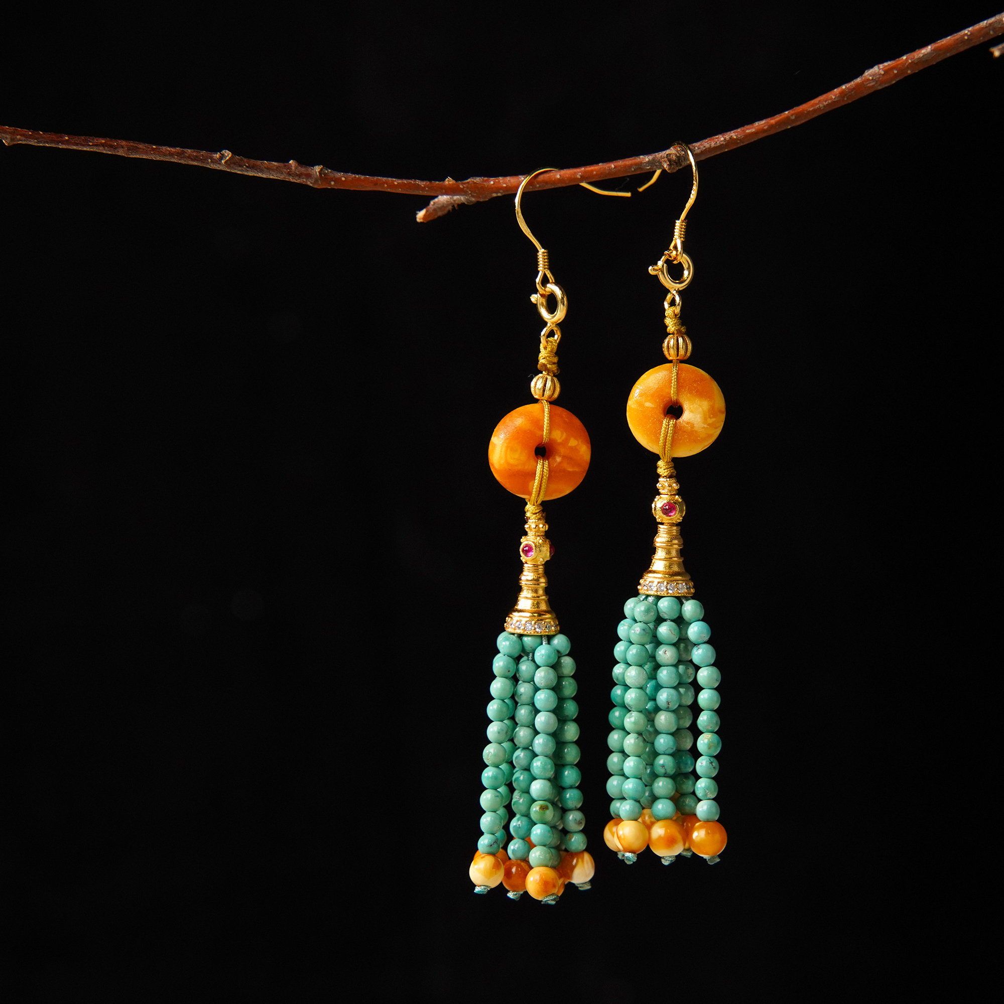 绿松石925银蜜蜡绿松流苏耳钩ZB00195