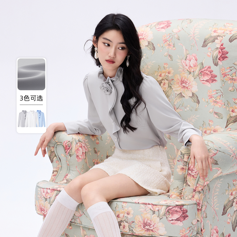 LIME/莱茵早秋高端优雅气质设计感山茶花衬衫多色LDGDOBWBL805