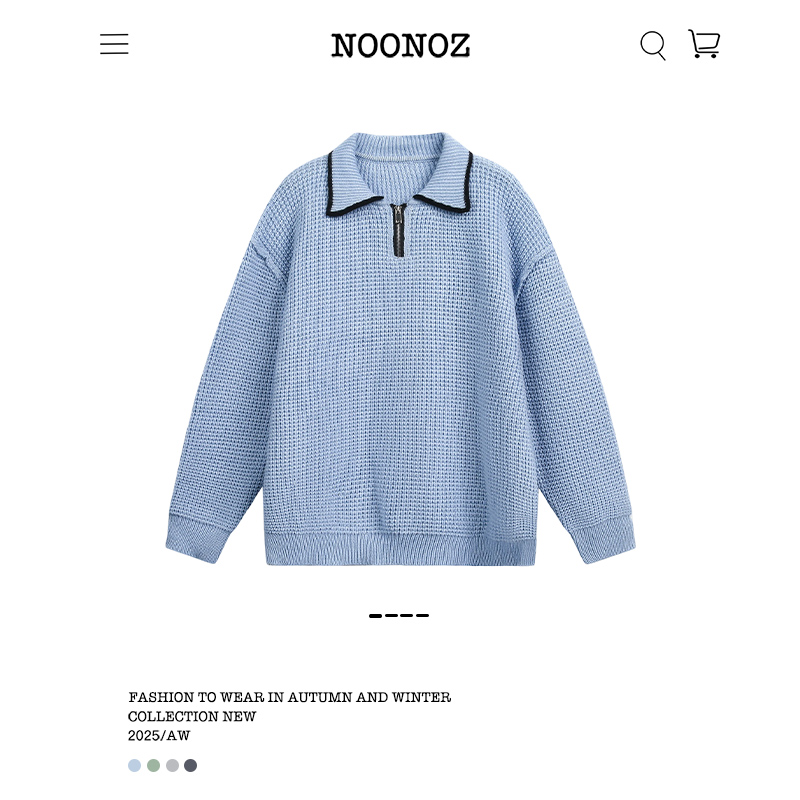 NOONOZ华夫格半拉链翻领毛衣男秋冬美式潮牌中性风慵懒情侣针织衫