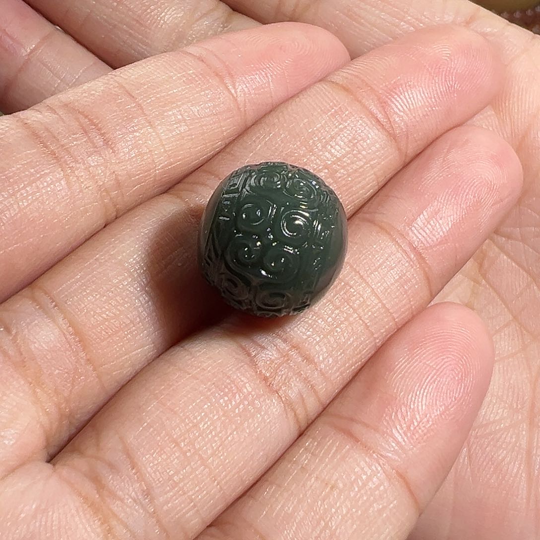 和田玉（青玉）珠宝奇石未镶嵌回纹圆珠15m m