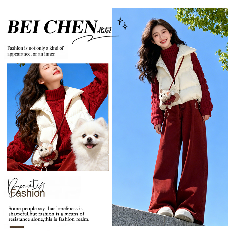 大码胖mm冬女2025新款学院风棉服马甲红色毛衣阔腿裤三件套装