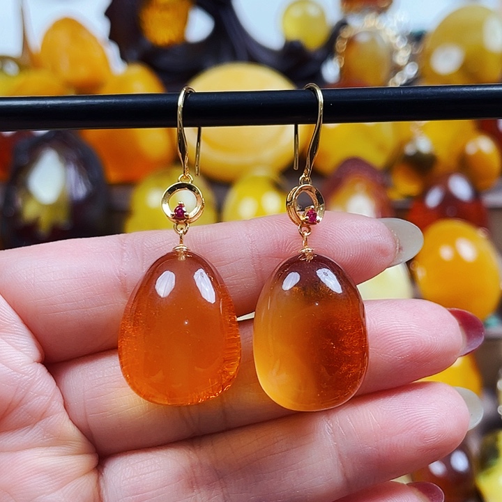 琥珀戒指银S925镶嵌小*耳环