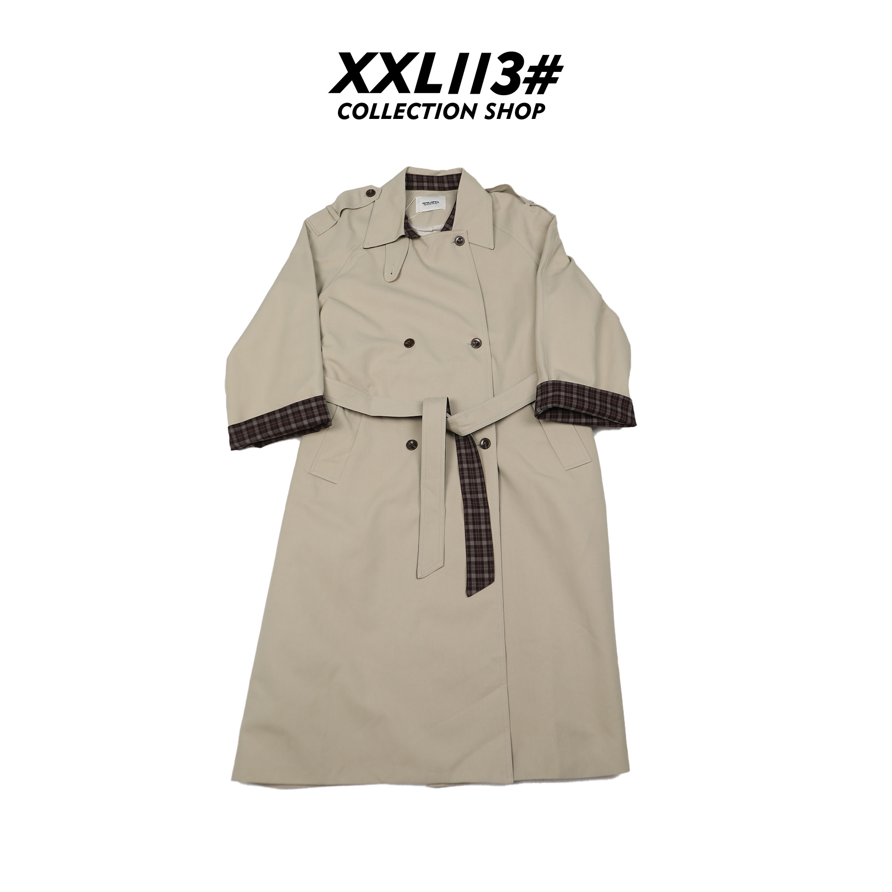 113* CENTRALIZED SHOP厚款山系风翻领格纹杏色风衣X5F28G6532