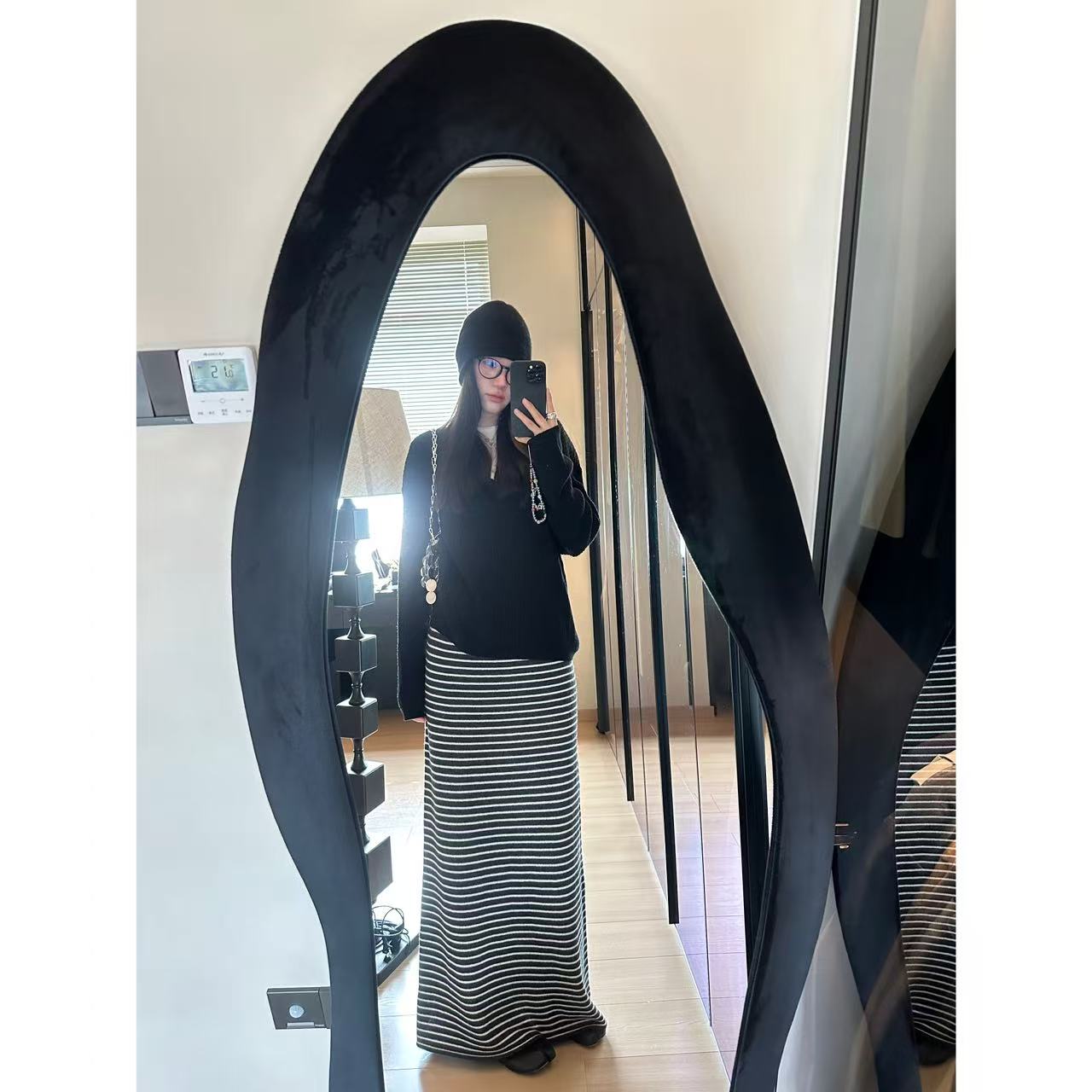 LA 松弛感 撞色 条纹针织 半身裙 32067