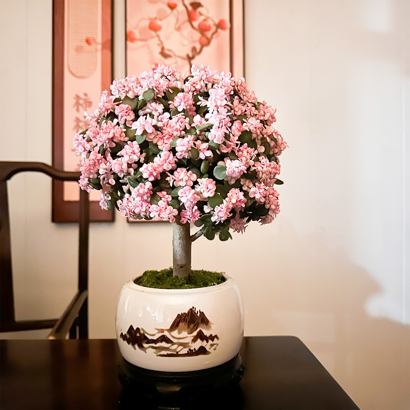 棒棒糖造型金枝玉叶+白山水陶瓷盆+接水盘