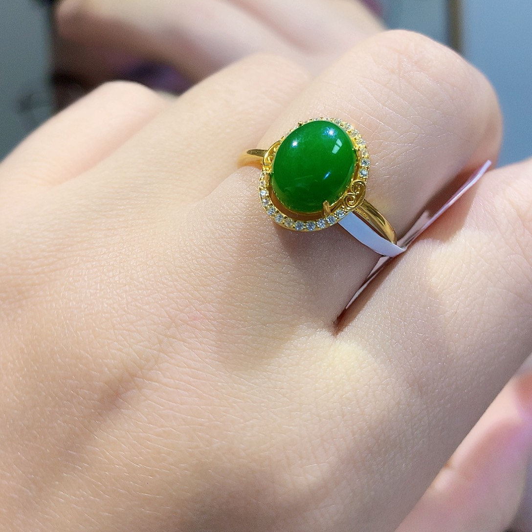 和田玉（碧玉）戒指银S925镀金镶嵌