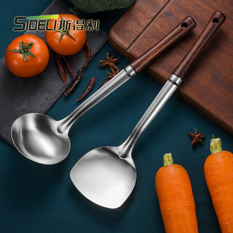 不锈钢厨房木柄汤勺炒勺不锈钢汤勺锅防烫长柄烹饪套装家用厨具