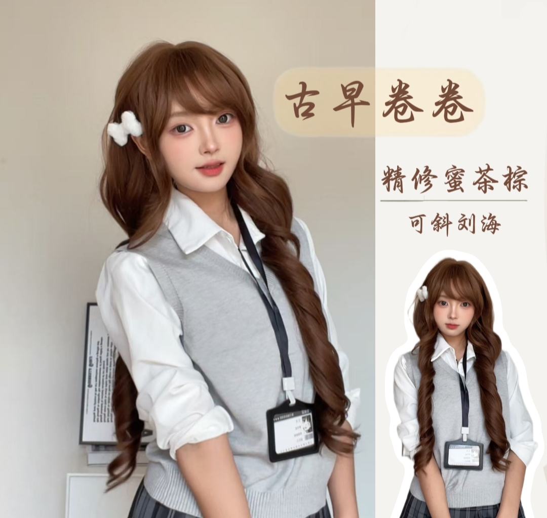 【新升级发丝·精修内鬓角工艺】二八分斜刘海长卷发lolita全头套008