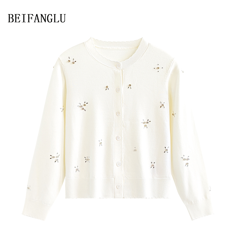 北方鹿 精纺100绵羊毛重工钉珠花边长袖针织开衫女2790