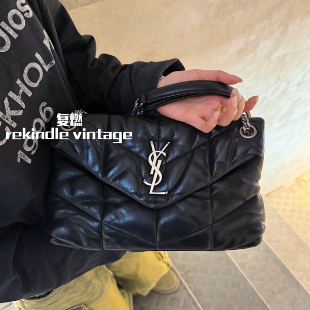 95新 YSL/圣罗兰 复燃精选/黑银小号puffer云朵斜挎包底长28