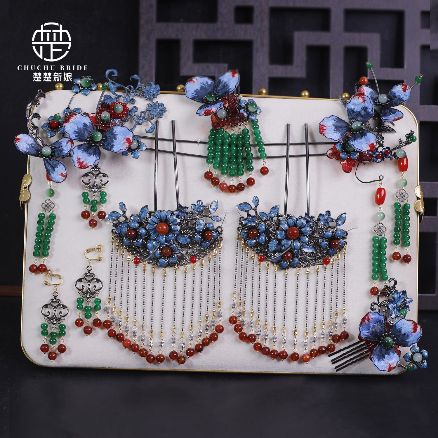 新款复古中式新娘秀禾汉服头饰品新颖汉服手工景泰蓝凤钗古装发饰