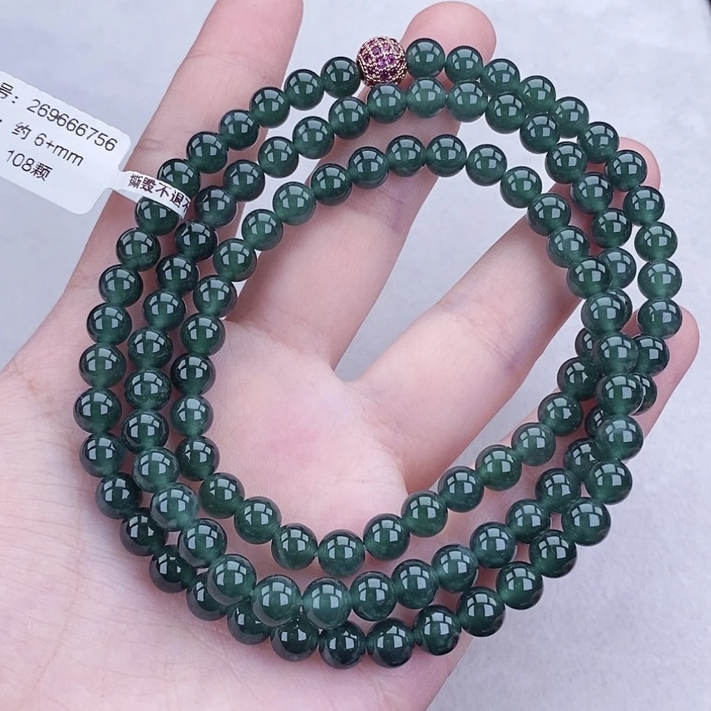 时尚翡翠珠项链 卡6+ 冰蓝水圆珠手串 冰蓝钢 冰透 气质 108颗 