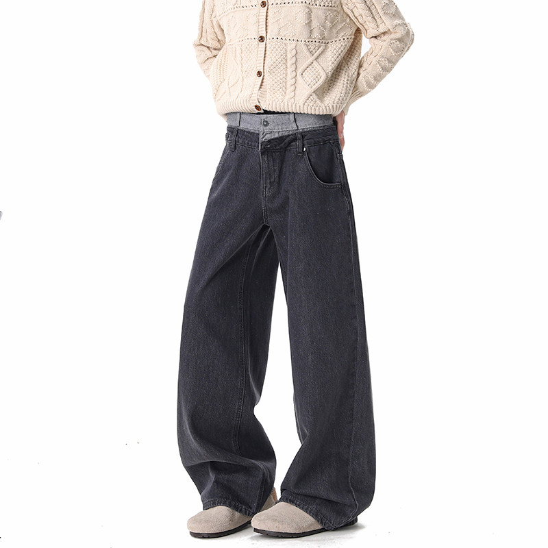美式2026春季新款双腰头牛仔裤男生设计感休闲百搭宽松牛仔长裤