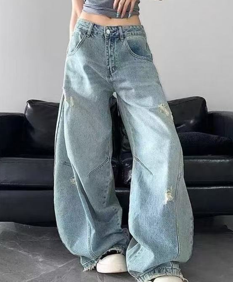 美式松弛慵懒弯刀裤女水洗解构垂感阔腿牛仔裤