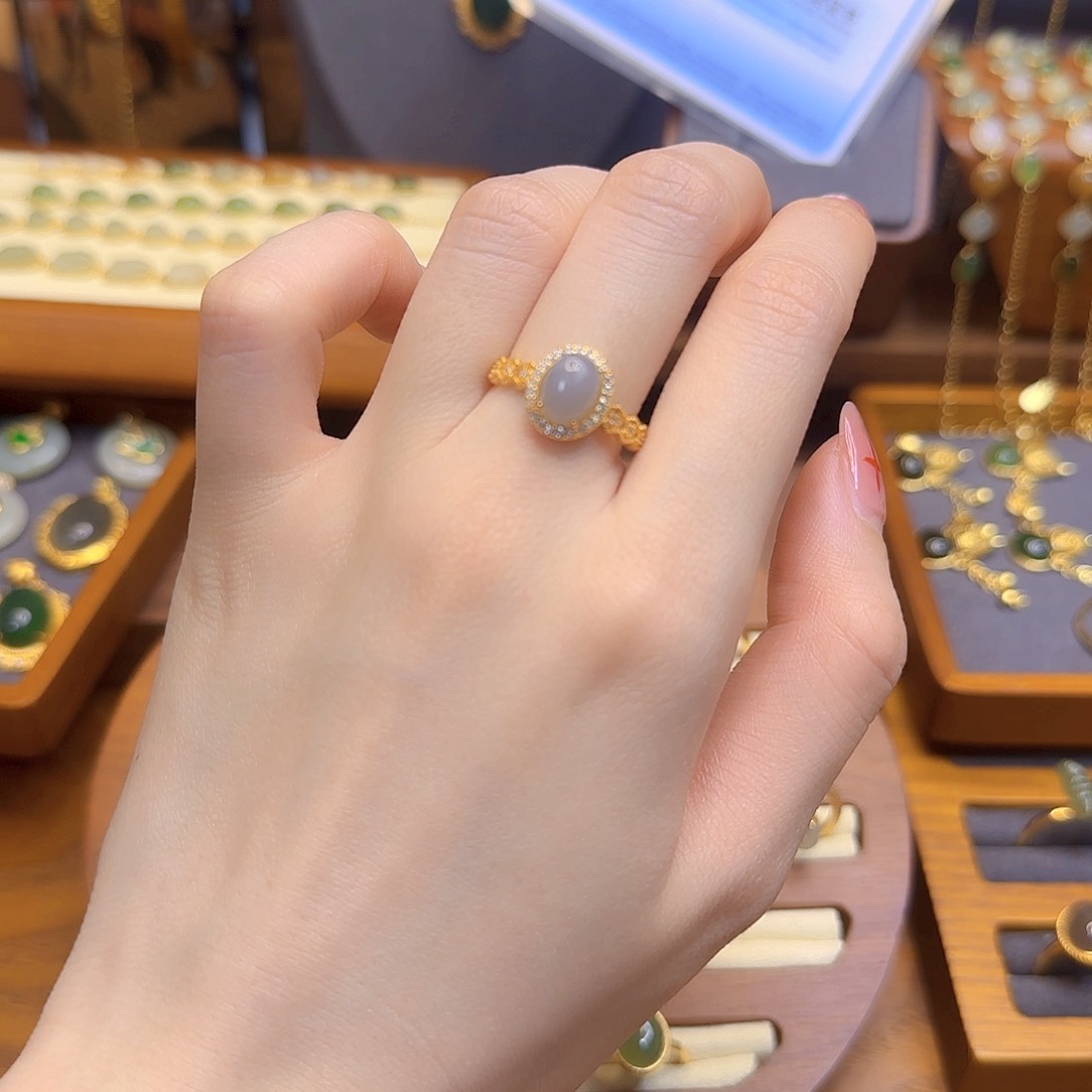 和田玉戒指银S925镀金镶嵌