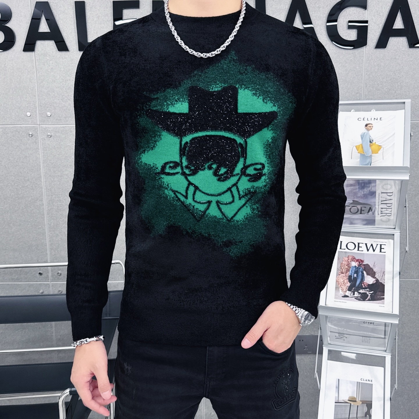 欧货秋冬新款男士时尚潮流百搭个性提花小人头摩卡绒针织毛衣潮