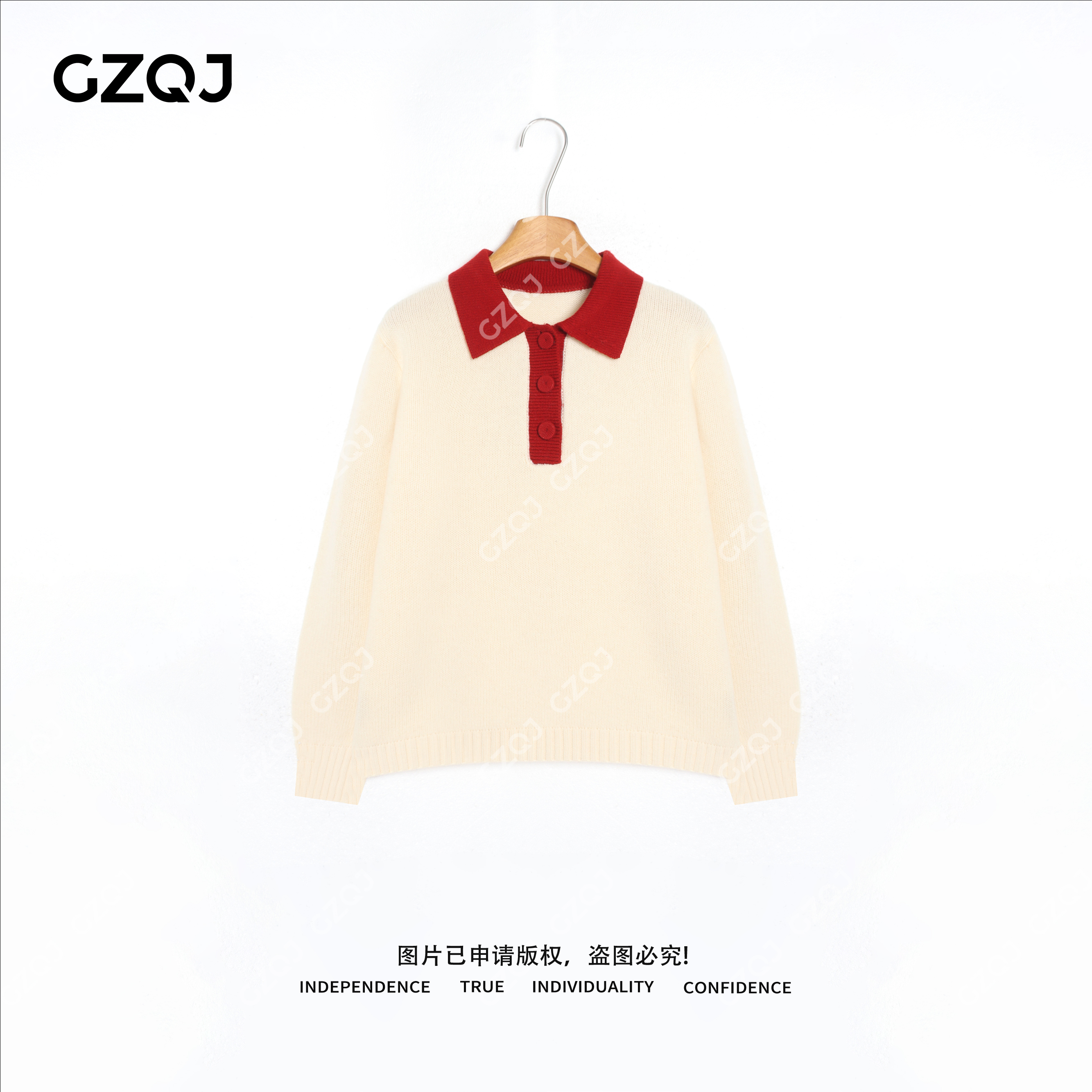 广州琴姐【枫糖奶霜】100绵羊毛拼色Polo领长袖毛衣女冬款82322