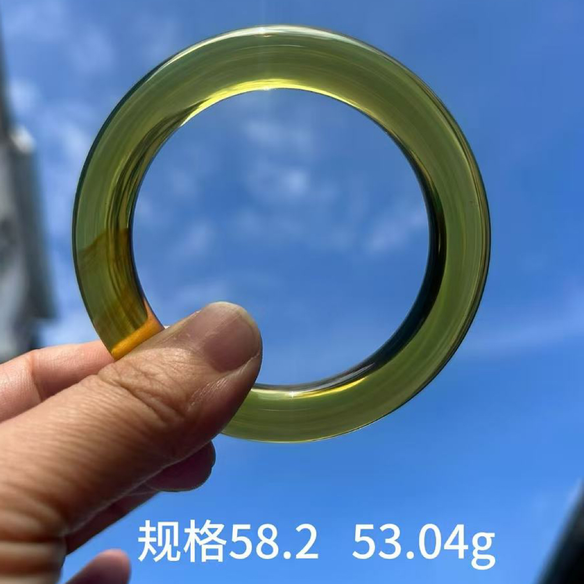 缅甸天然琥珀-绿茶圆条手镯完美品58、59可戴