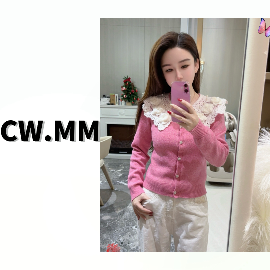 CW.MM【沁粉佳人】 新款设计感钩花领百搭显瘦扬子纱毛衣上衣