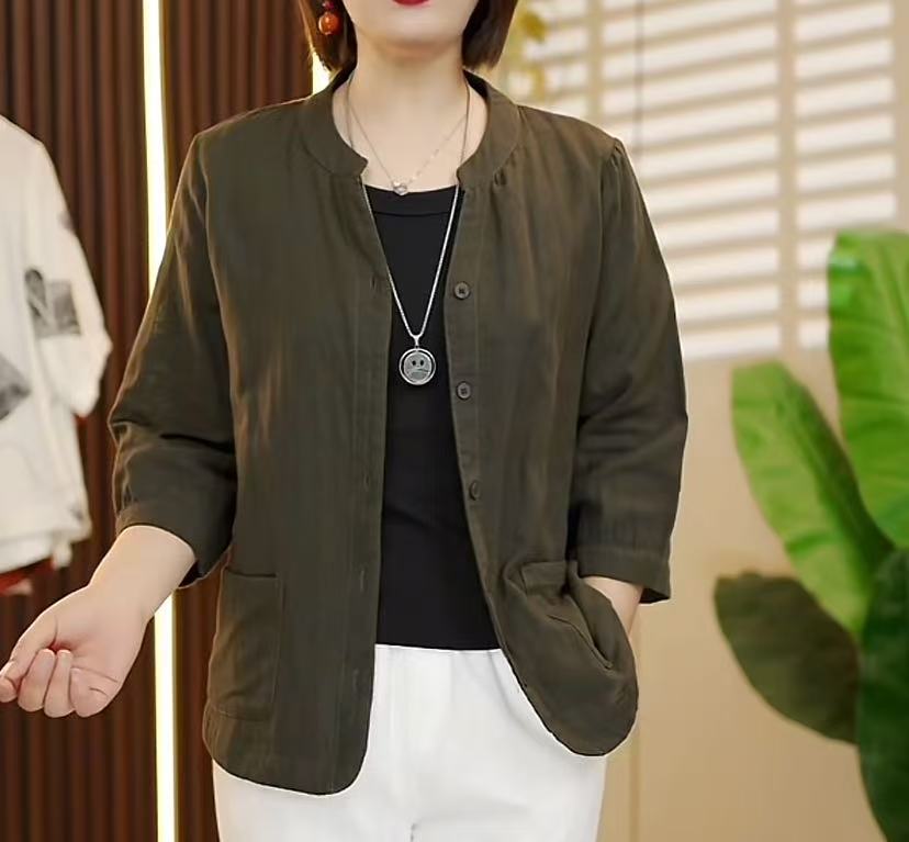 早秋新款7分袖双层棉纱开衫外套休闲百搭衬衣女