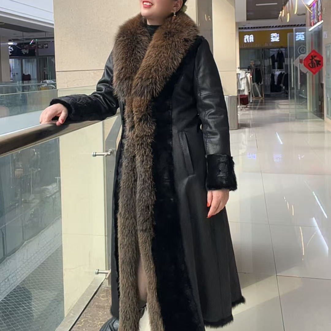 女中长款兔毛皮毛一体水貂袖口修身显瘦高端大气时尚大衣