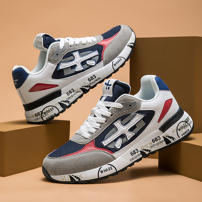 米字鞋秋冬时尚休闲鞋耐磨潮流运动鞋透气皮革拼接防滑百搭秋季款