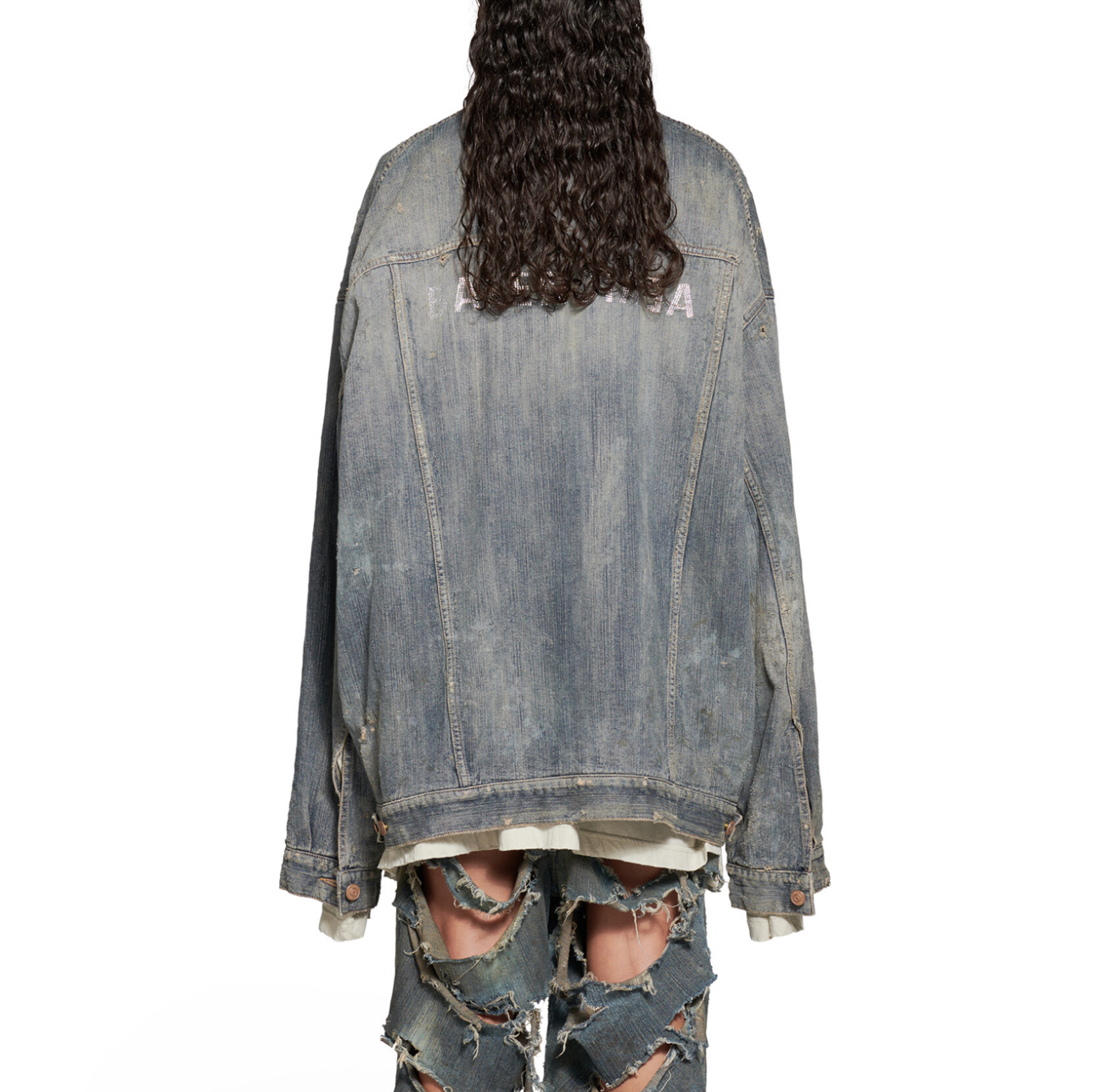 未使用 Balenciaga/巴黎世家 泥染破洞水钻牛仔夹克1码