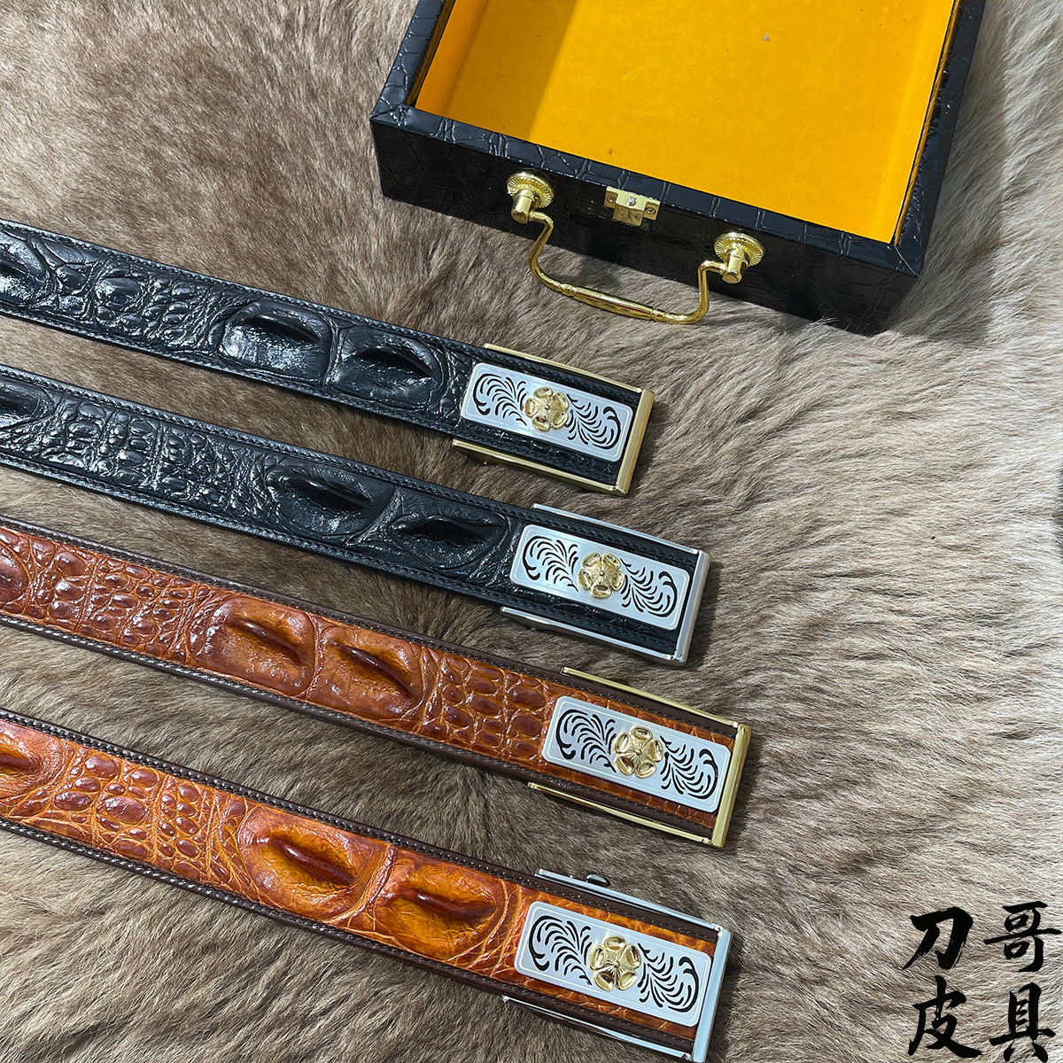 湾鳄单排大骨进口湾鳄原皮制作真鳄鱼皮男士腰带自动扣经典耐用