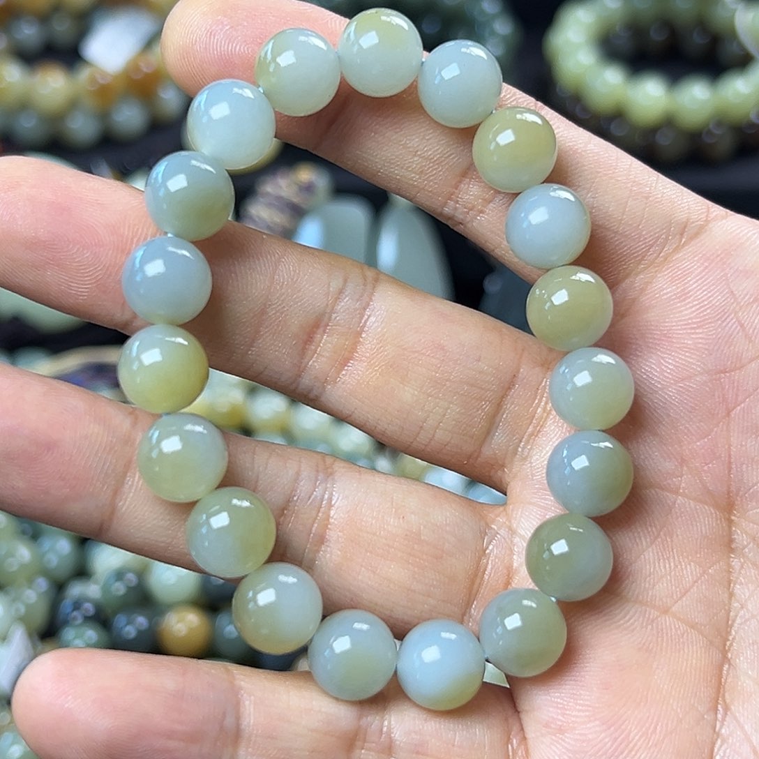 和田玉手链未镶嵌且末青白卡10圆珠 油润 漂糖 