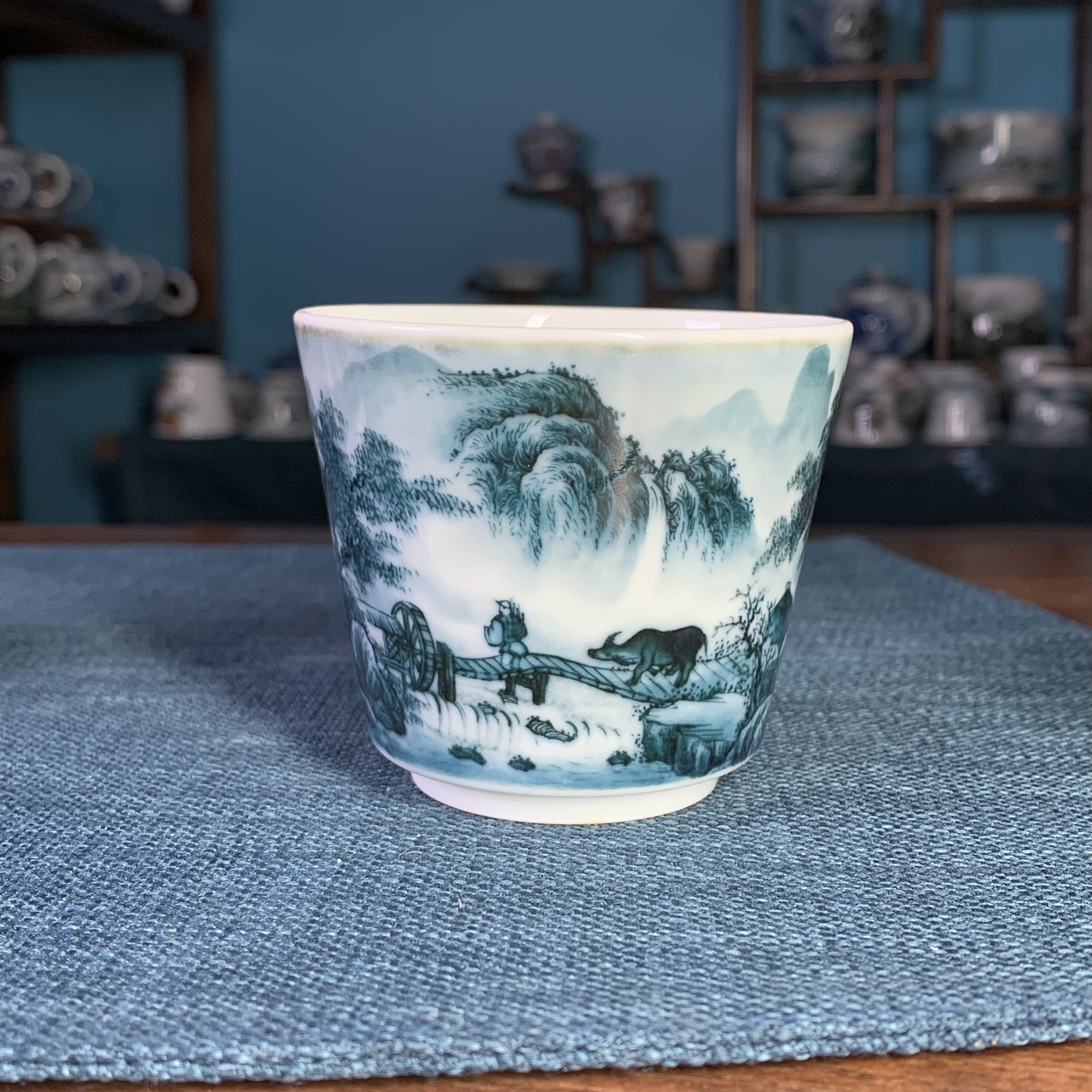 青远柴窑墨彩山水手工夜景主人杯茶杯茶具陶瓷