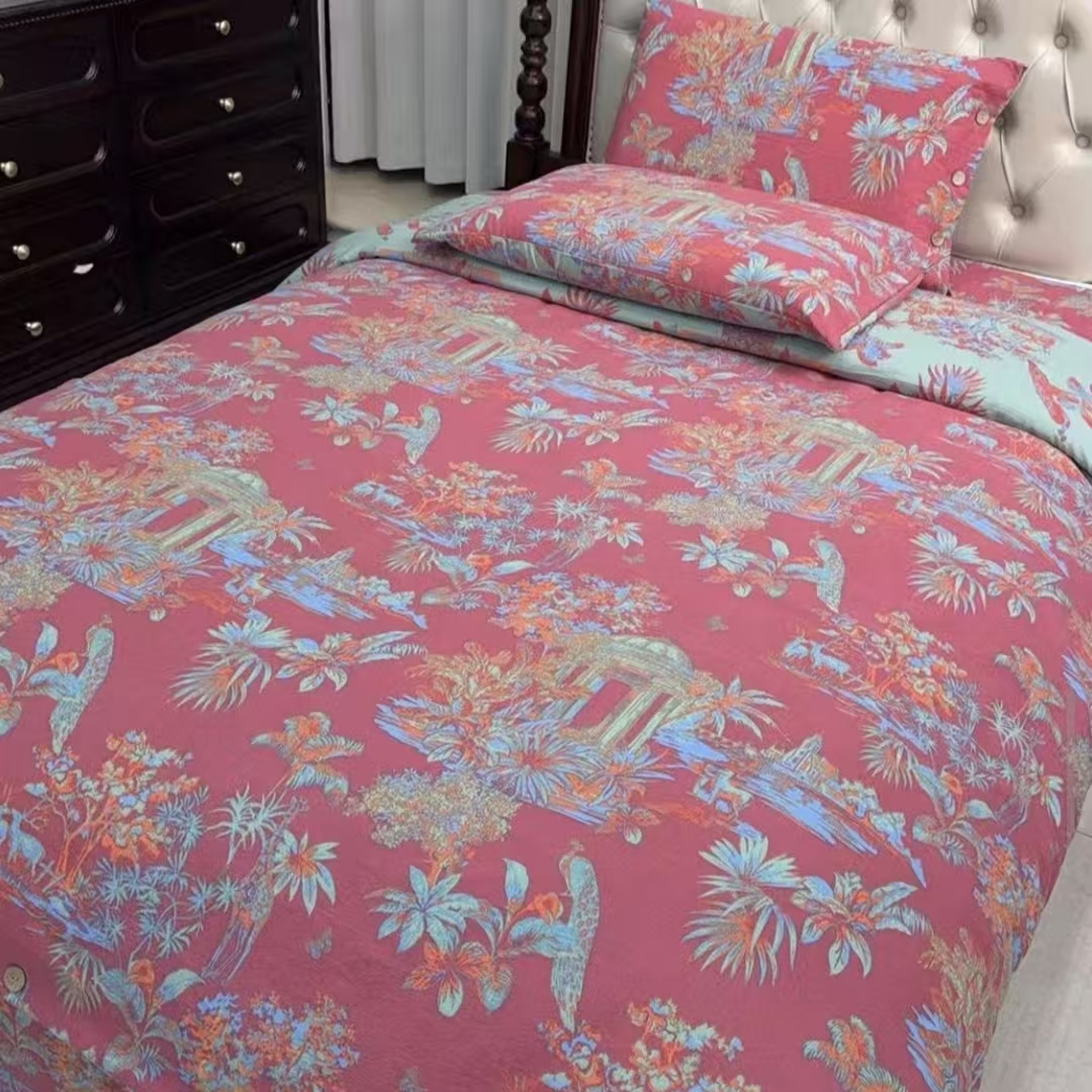高端复古印花提花原柔麻亲肤棉四件套--红色秘境