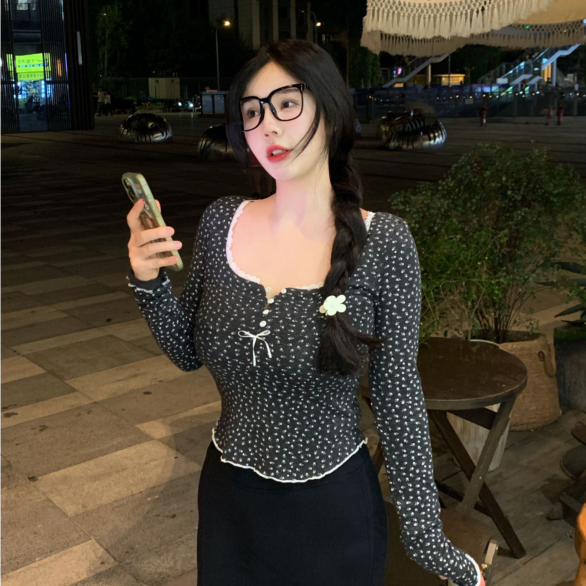 减龄小碎花纯欲风弹力打底衫