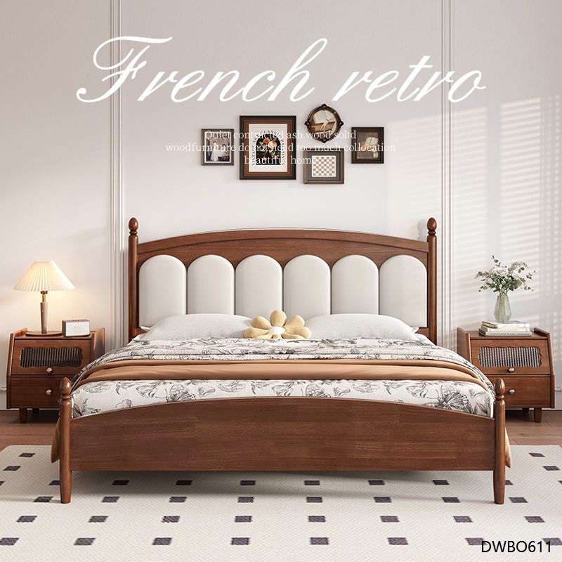 北欧复古风软靠实木床家用主卧室简约双人床中古风大床